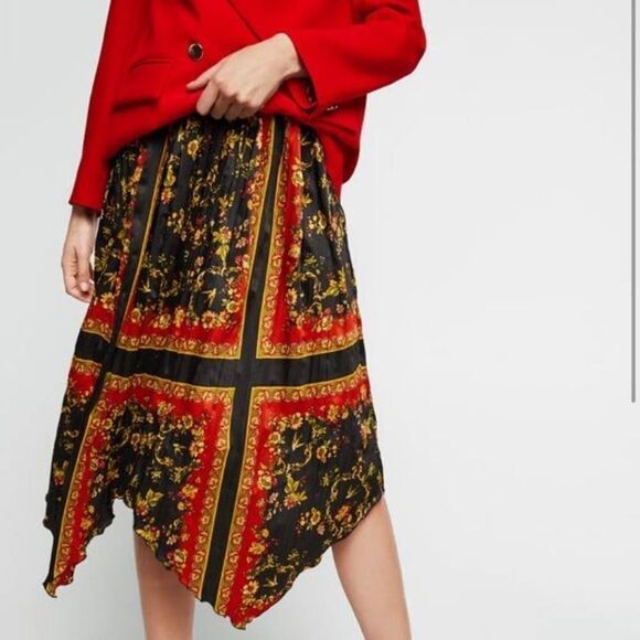 Zara Satin Scarf Print Handkerchief Hem Midi Skirt, women's size XS - Picture 1 of 9
